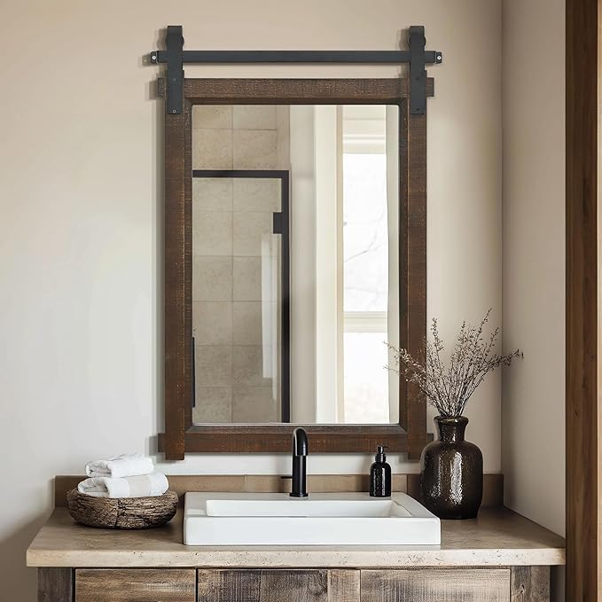 Rustic Barn Door Mirror: 24"x36" Brown Farmhouse Wood Frame - Wall Mirror for Entryway/Bathroom/Living Room Wall Decor