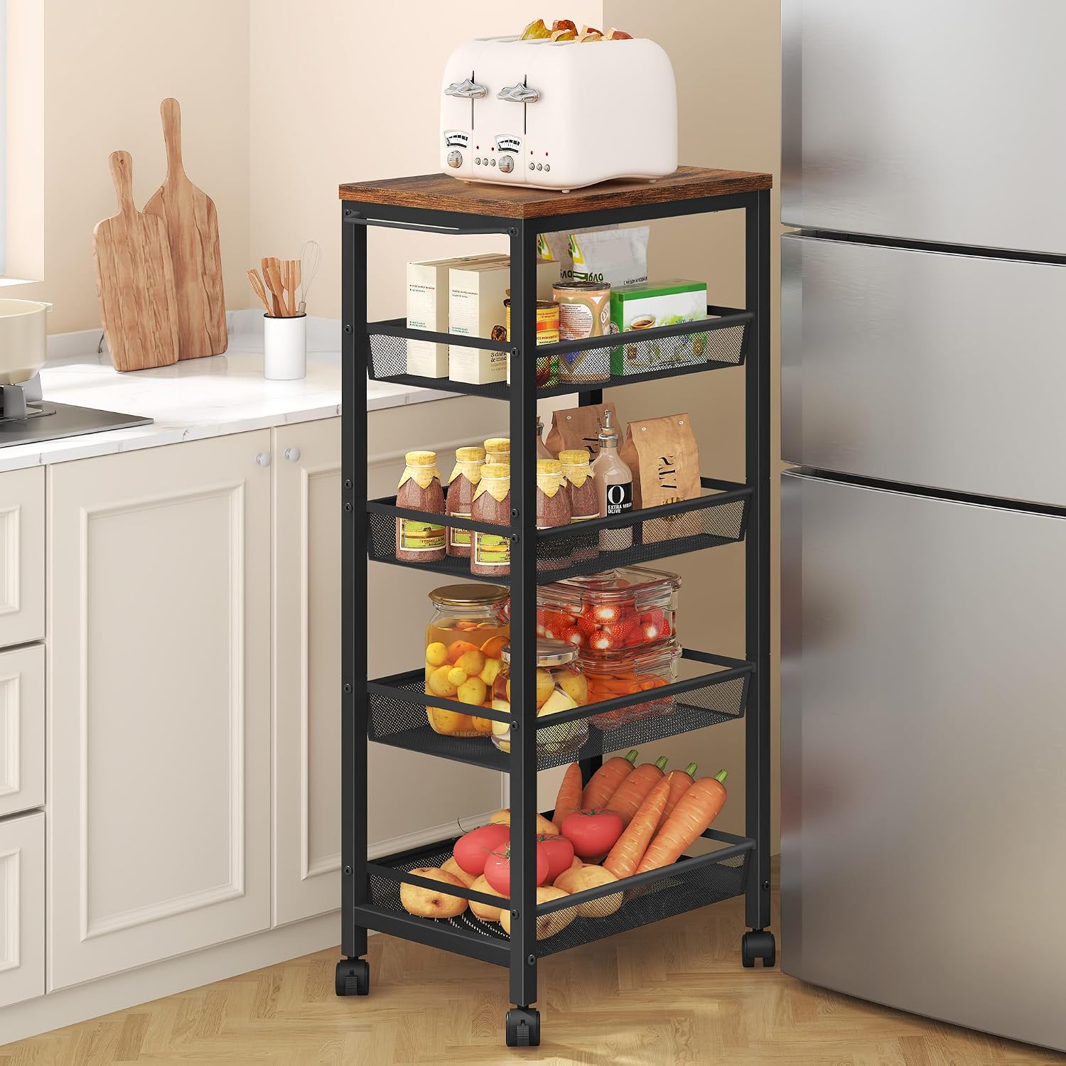 Hoctieon Rolling Storage Cart, 5-Tier 11.8" Wide Panel Kitchen Storage Cart, Utility Carts with Handle & Wheels, Mobile Shelving Unit, Metal Frame Narrow Carts for Home Kitchen, Laundry, Rustic Brown