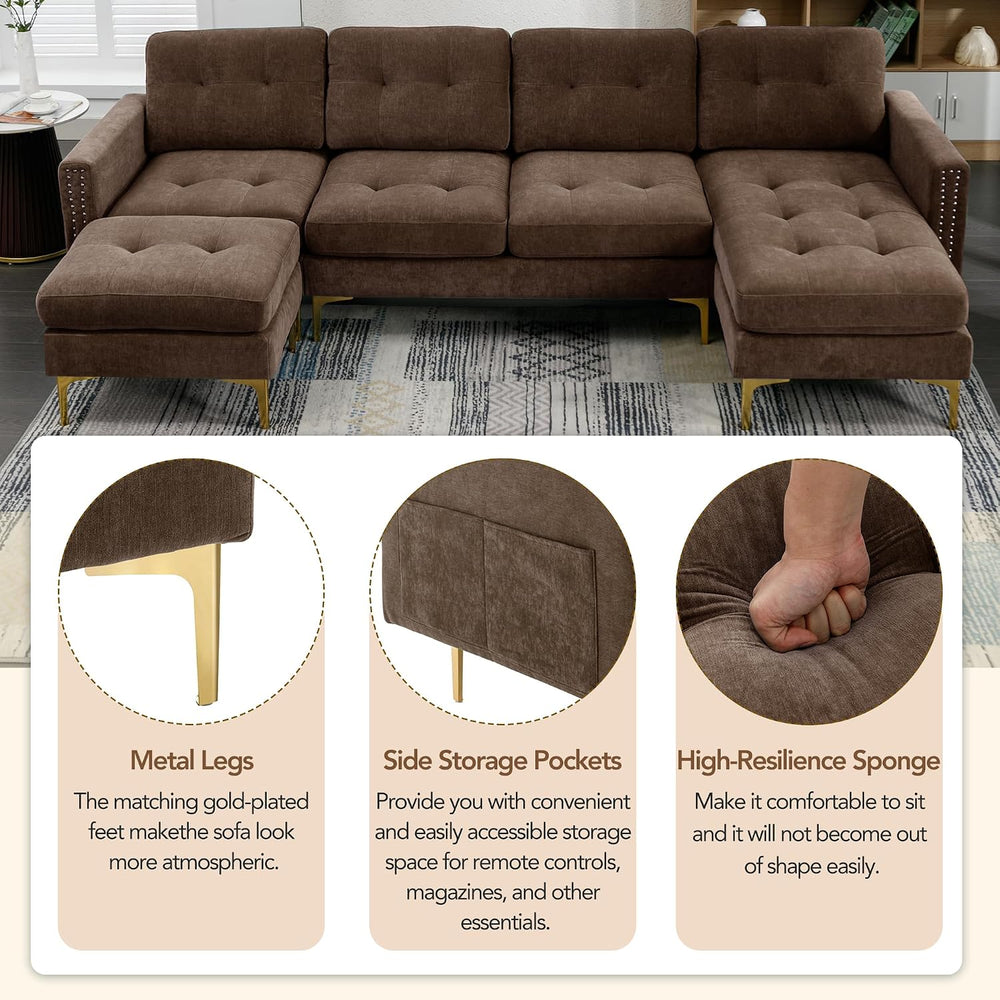 P PURLOVE Velvet Modern Large Sectional Sofa, U Shape Upholstered Couch with ...