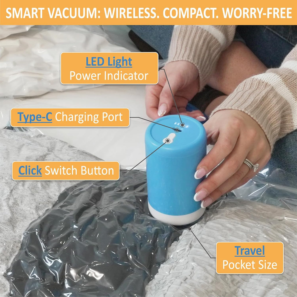 22 Pack Vacuum Storage Bags with Rechargeable Wireless Electric Pump, Vacuum Seal Space Saver Bags for Clothing, Pillows, Blanket, Bedding, Comforter