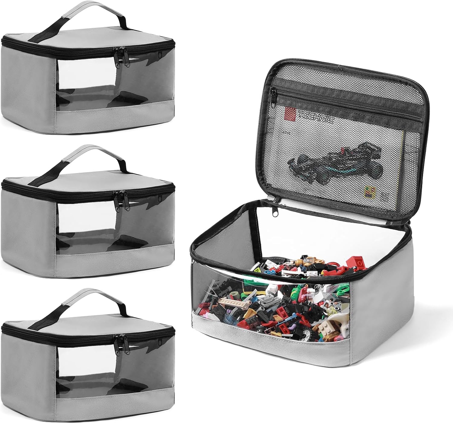 4 PCS Toy Storage Bags, Transparent PVC Toy Organizer Bag with Manual Pocket for Classic Building Bricks, Puzzles,Toy Cars, Large Size, Grey