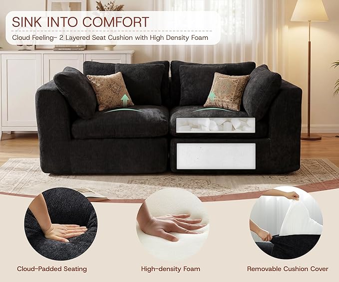 79'' Oversized Cloud Sectional Boneles Loveseat for Living Room, Modern Big Compressed 2 Seater Couch with 2 Throw Pillows, Comfy Chenille Deep Seat Memory Foam Spineless 2 Person Couch, Black | No Assembly Needed, Premium Chenille, Flexible Modular, W...