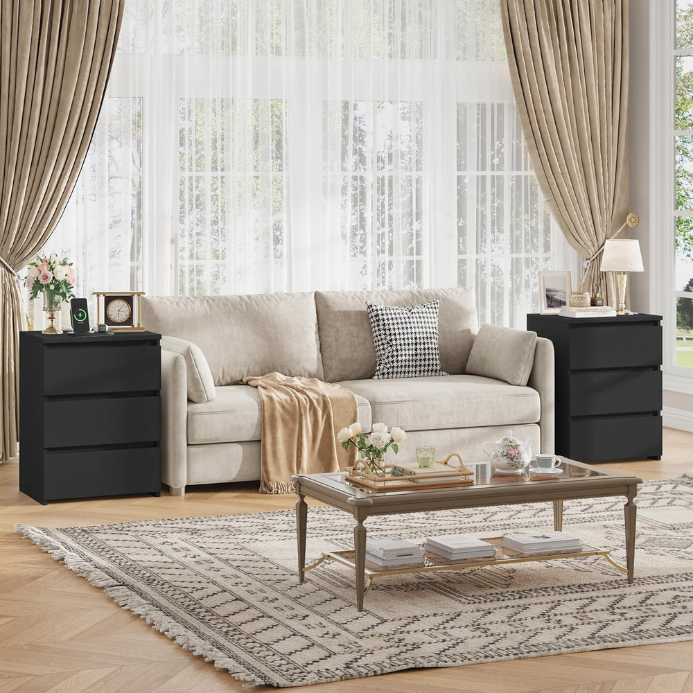 FOTOSOK Nightstands Set of 2, Black Nightstand with Charging Station