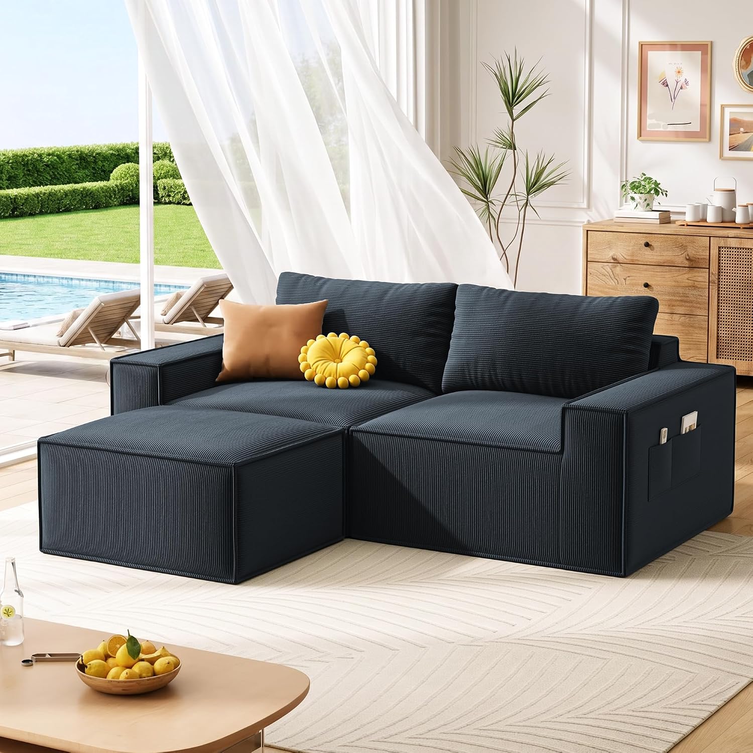 Boneless Cloud Couch, 80" Loveseat Sectional Sofa with Ottoman, Black | Corduroy No Assembly Modular L Shaped Floor Couch for Living Room, Small Space