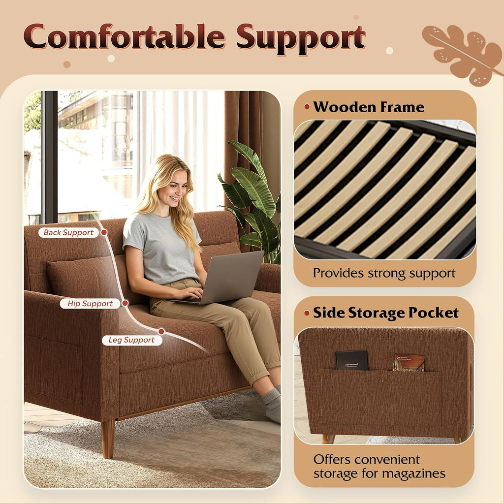 WLIVE 62" Loveseat Sofa, Mid Century Modern Small Couches for Living Room, Button Tufted Upholstered Couch for Bedroom, Solid Wood Frame, Easy to Install Furniture, Brown