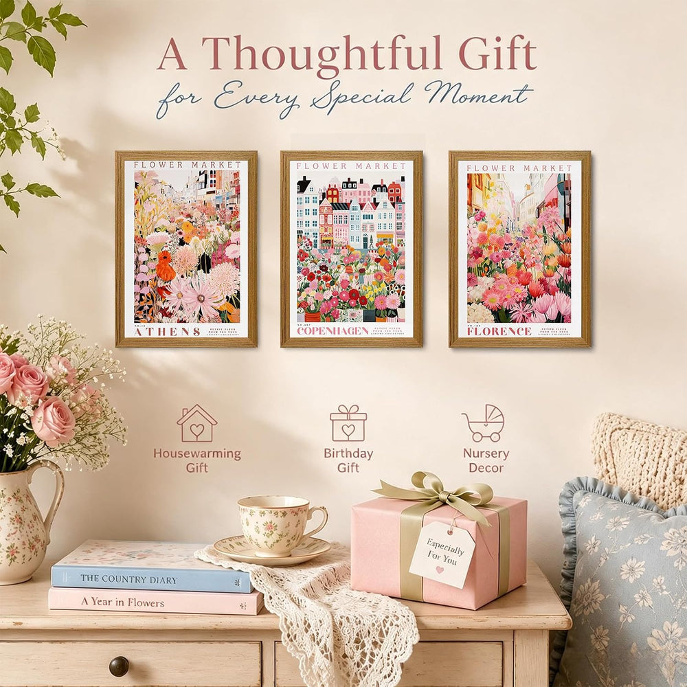 KISSFOX Pink Floral Wall Art Flower Market Pictures Travel Wall Decor