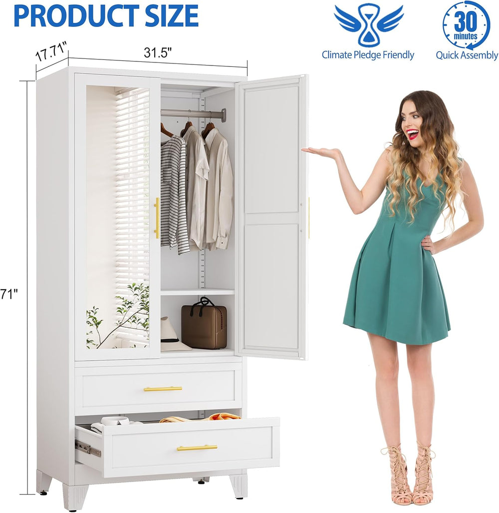 GAIOUS Steel Armoire Wardrobe Closet with Mirror and 2 Drawers 71" White...
