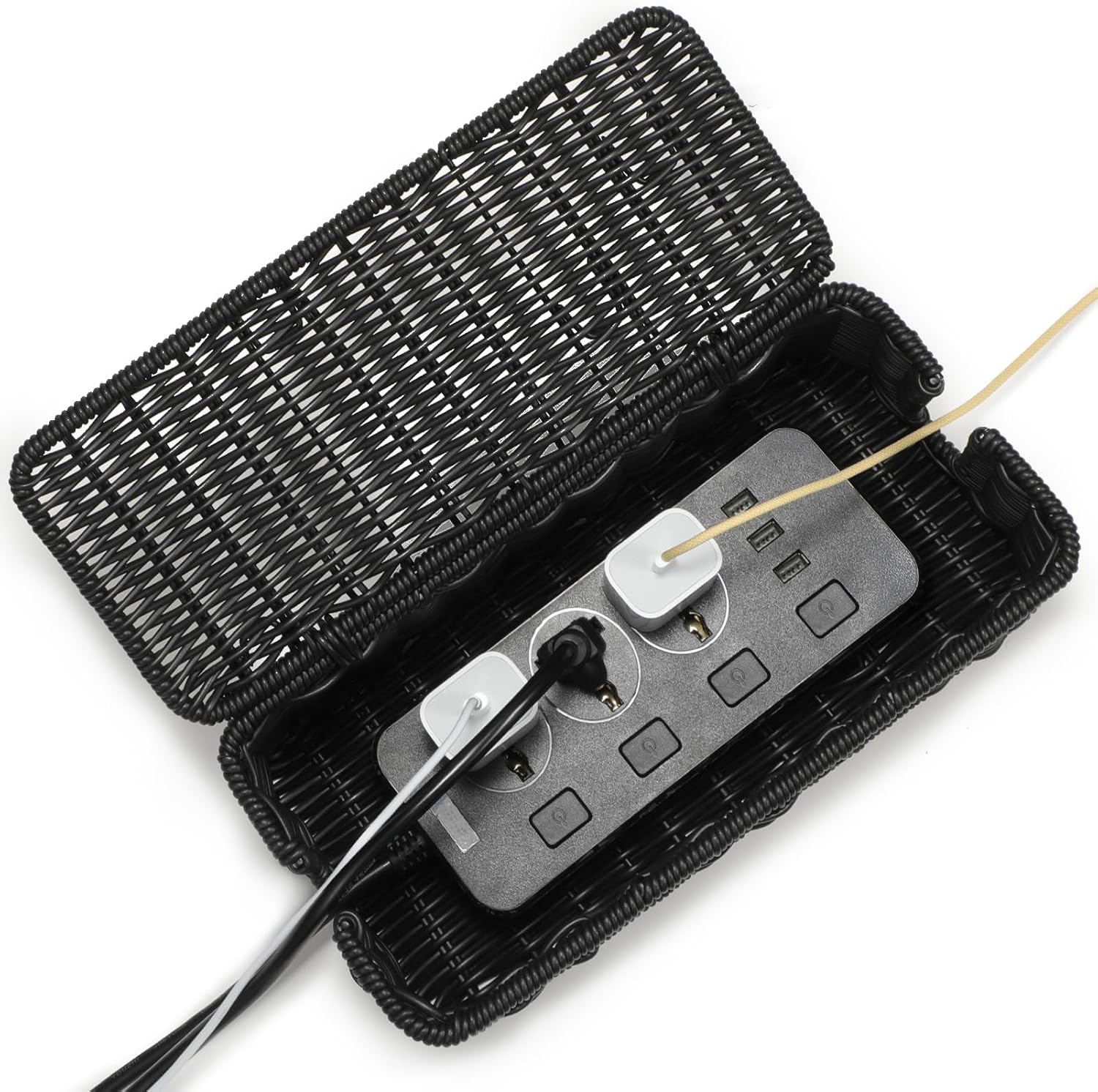 Delamu Handmade Rattan Small Cable Management Box, Cord Organizer with 2 Open Slots, Desk Cord Hider Box for Computer Router USB Hub Power Strip, 12.5" Lx 5.1" Wx 5.1" H, Black