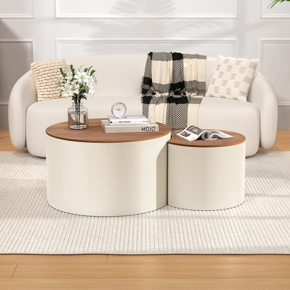 Nesting Coffee Table Set of 2, Modern Round Storage Coffee Table, (White) | W...