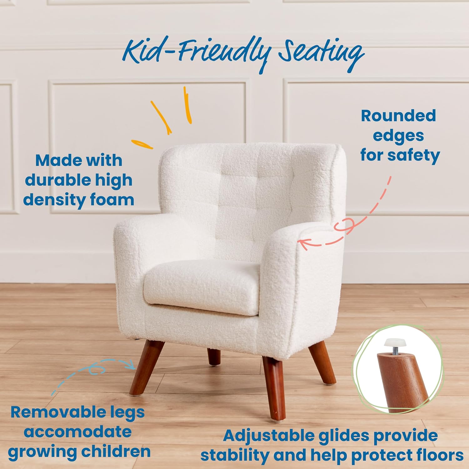 ECR4Kids Mila Sherpa Toddler Arm Chair with Removable Wooden Legs, Kids Furniture, White | Durable wood frame & high-density foam, 1-5 years, 60 lb capacity, soft sherpa fabric, gently curved back, adjustable glides