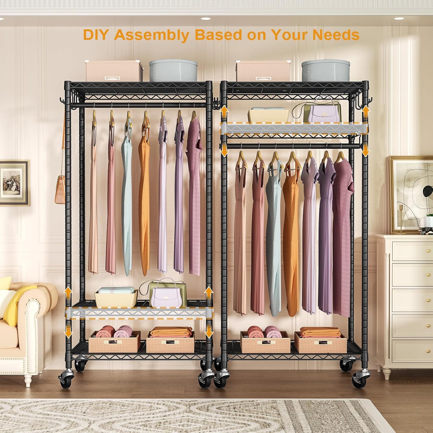 FUTASSI P6 Medium Rolling Clothes Rack Heavy Duty, Clothing Racks for Hanging Clothes, Freestanding Garment Rack with Wheels, Portable Closet Rack Max Load 370 LBS, 30''W x 14''D x 77.6''H, Black