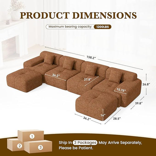 158" U Shaped Convertible Modular Couch, Cloud Couch Sectional with Ottoman, 6-Seater Chenille Boneless Couches for Living Room, Apartment, No Assembly, Orange 1PCS