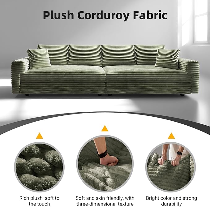 KEIKI 102.4" Sectional Couches, Modern Comfy Upholstered Sofa Cloud Couch, Deep Seat 4 Seat Sofa Set with Soft Pillows and Movable Ottoman for Living Room, Apartment, Office, Green