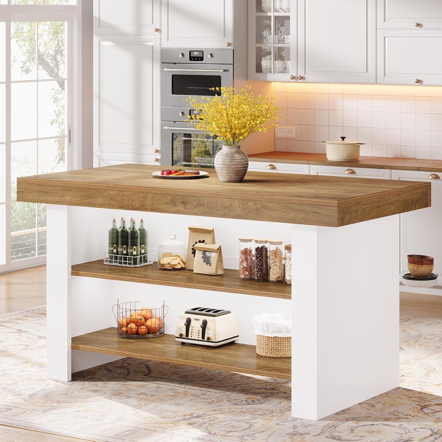 Tribesigns 55-Inch Kitchen Island with Storage, Farmhouse Center Island Table for Kitchen, Dining Room, Living Room (1, Brown and White)