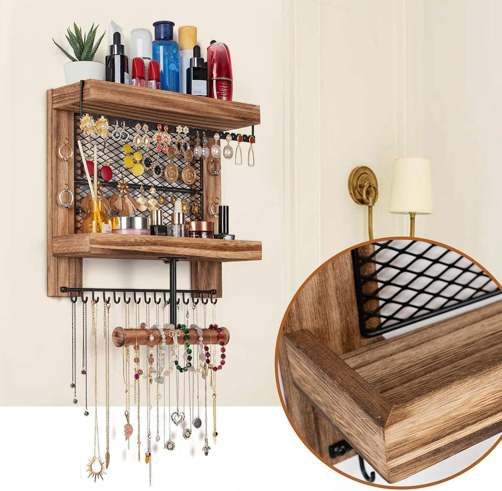 Pinzoveco Hanging Jewelry Organizer Wall Mounted With Wall Jewelry Organizer Holder For Necklaces Bracelet Earrings Ring (Rustic Wood)