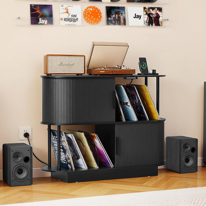 40" Record Player Stand with Charging Station, Wood Record Storage Cabinet with Sliding Door, Audio-Visual Shelving Holds Up to 300+ Vinyl Albums for Audiophiles & Music Enthusiasts (Black, Socket)