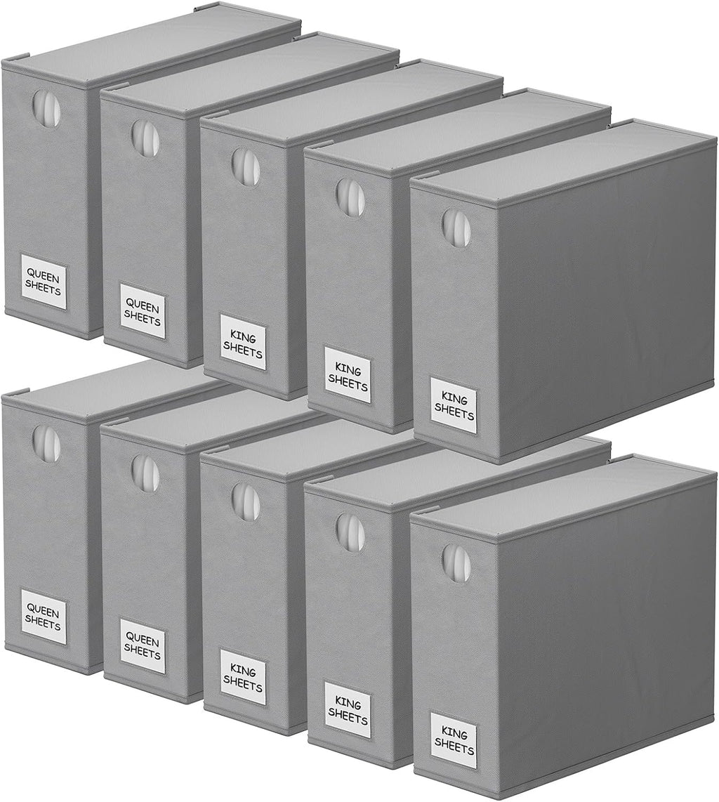 SpaceAid 10 Pack Bed Sheet Organizers and Storage, Foldable Sheet Organizer for Linen Closet, Sheets Set Folder Keeper with Window XL (Queen & King Size) Organizing Bedding Container, Gray