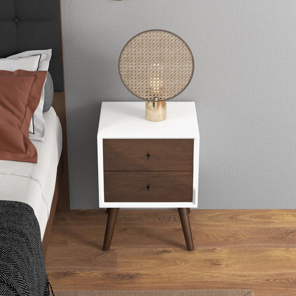 Mid Century Modern Style 2-Drawer White Night Stand Solid Wood 23.6" H,f...