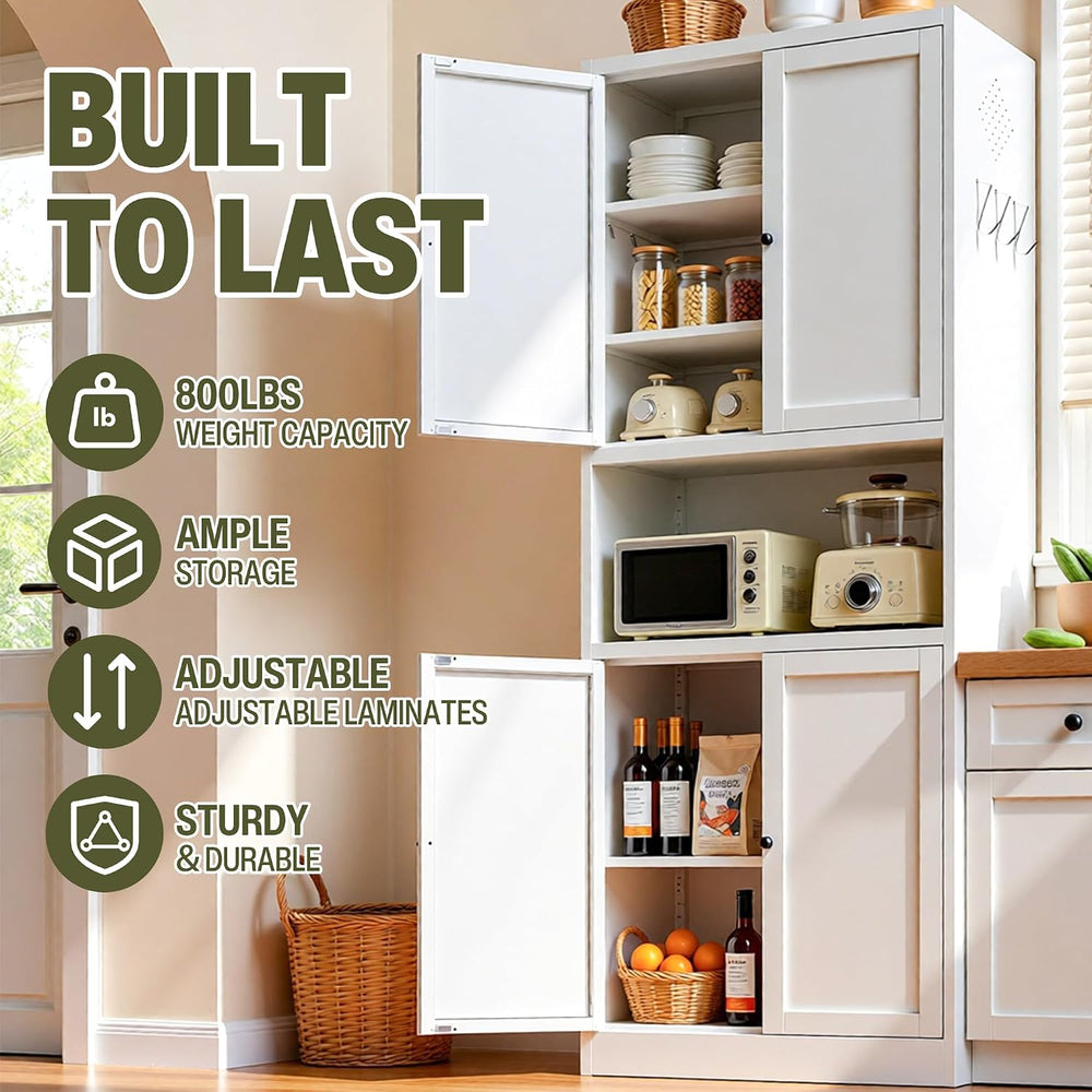 AQY Kitchen Pantry Cabinet,72" White Pantry Cabinet 3-Tier Adjustable Sh...