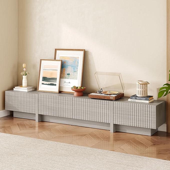 98" TV Stand for Living Room, Modern Entertainment Center with Drawers & Storage Compartments, Large TV Console Fits 55”-95” TVs, Square Top with Grooved Drawer Fronts & Stable Base,Grey