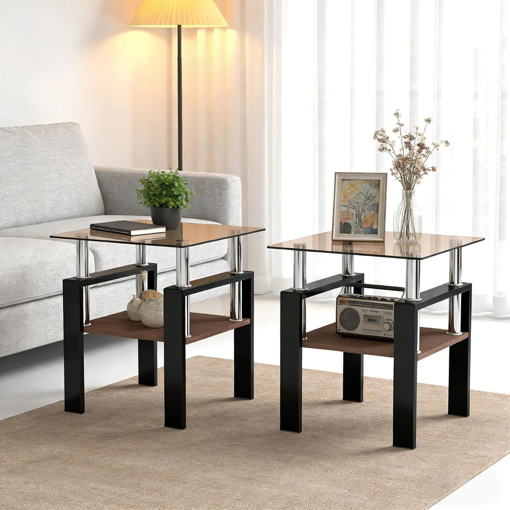 Glass Side Table Set of 2, Small 2-Tier End Table with Tempered Glass Top and...