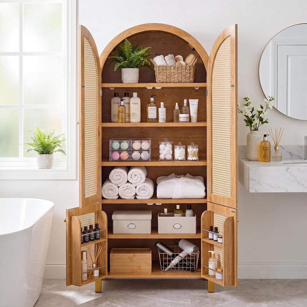Merax 71'' Tall Farmhouse Rattan Arched Storage Cabinet | Boho Style ...