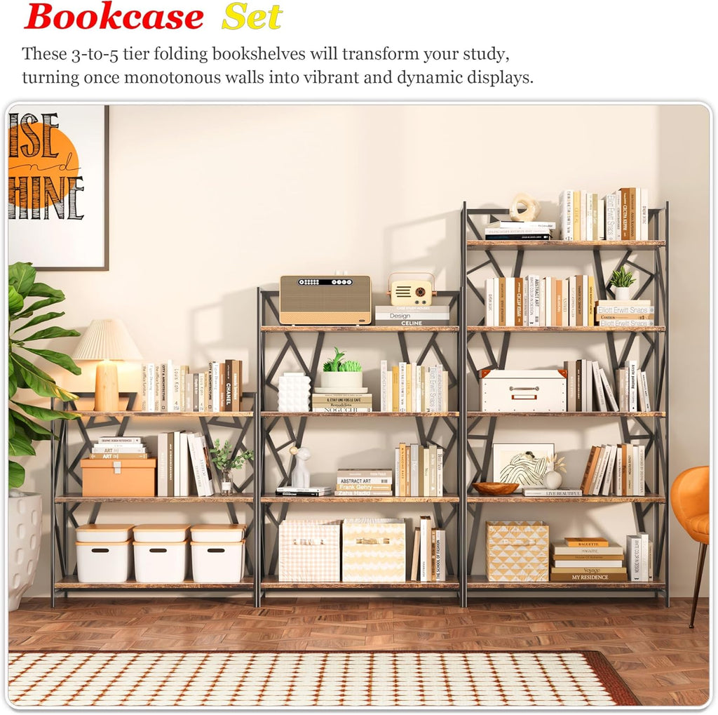 UDD No Assembly Wide Folding Bookshelf, 64.3" H x 30.9" W, 5 Tier Foldable Book Shelf Industrial Bookcase, Vintage Collapsible Storage Shelves for Home Office Living Room Bedroom, Rustic Brown Black