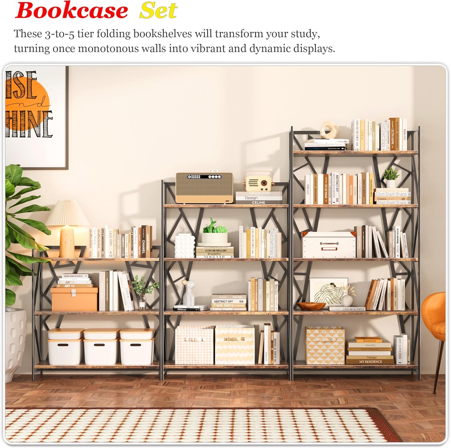 UDD No Assembly Wide Folding Bookshelf, 64.3" H x 30.9" W, 5 Tier Foldable Book Shelf Industrial Bookcase, Vintage Collapsible Storage Shelves for Home Office Living Room Bedroom, Rustic Brown Black