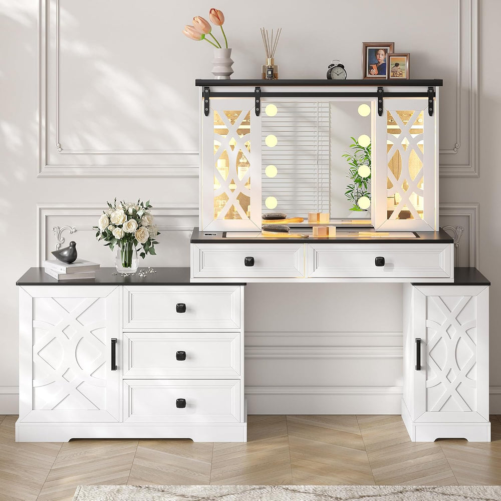 TAGELIER Farmhouse Large Makeup Vanity with Mirror & Lights | Vanity Desk...