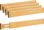 Fyvva Drawer Divider, Adjustable Bamboo Kitchen Drawer Organizer, Spring Loaded Drawer Organizer, Dresser Separators for Kitchen, Bathroom, Clothes, Office Desk Storage (Natural, 4 Pack Large)