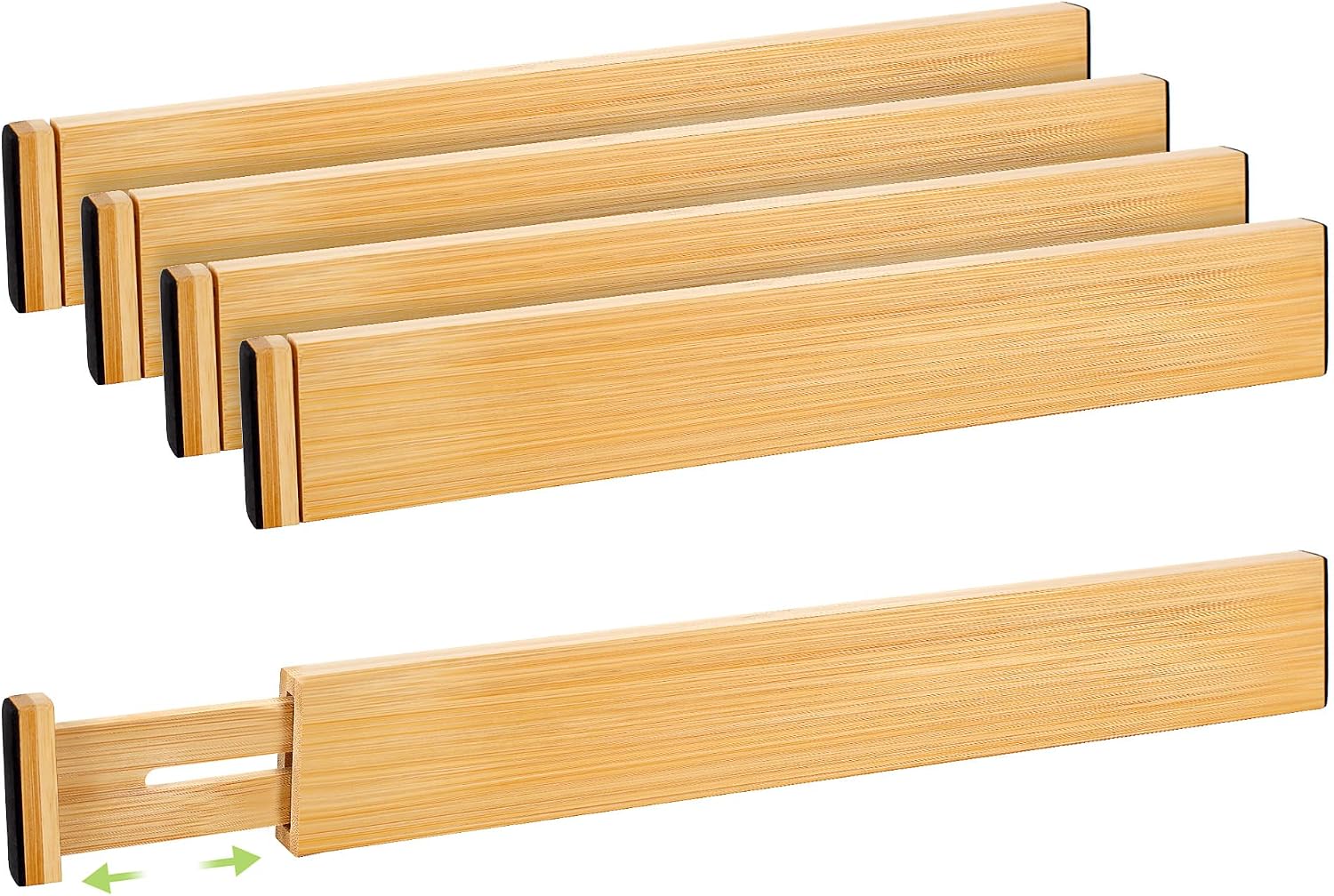 Fyvva Drawer Divider, Adjustable Bamboo Kitchen Drawer Organizer, Spring Loaded Drawer Organizer, Dresser Separators for Kitchen, Bathroom, Clothes, Office Desk Storage (Natural, 4 Pack Large)