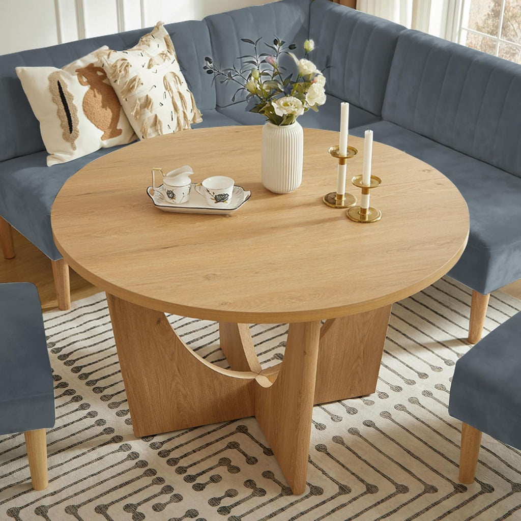 Round Dining Table Set with Loveseat & Chairs, 47 Inch Farmhouse 5-Piece Round Table Setting for 4 to 6, Wood Circle Table and Chairs Set for Kitchen,Breakfast Nook, Indoor Conversational Seating