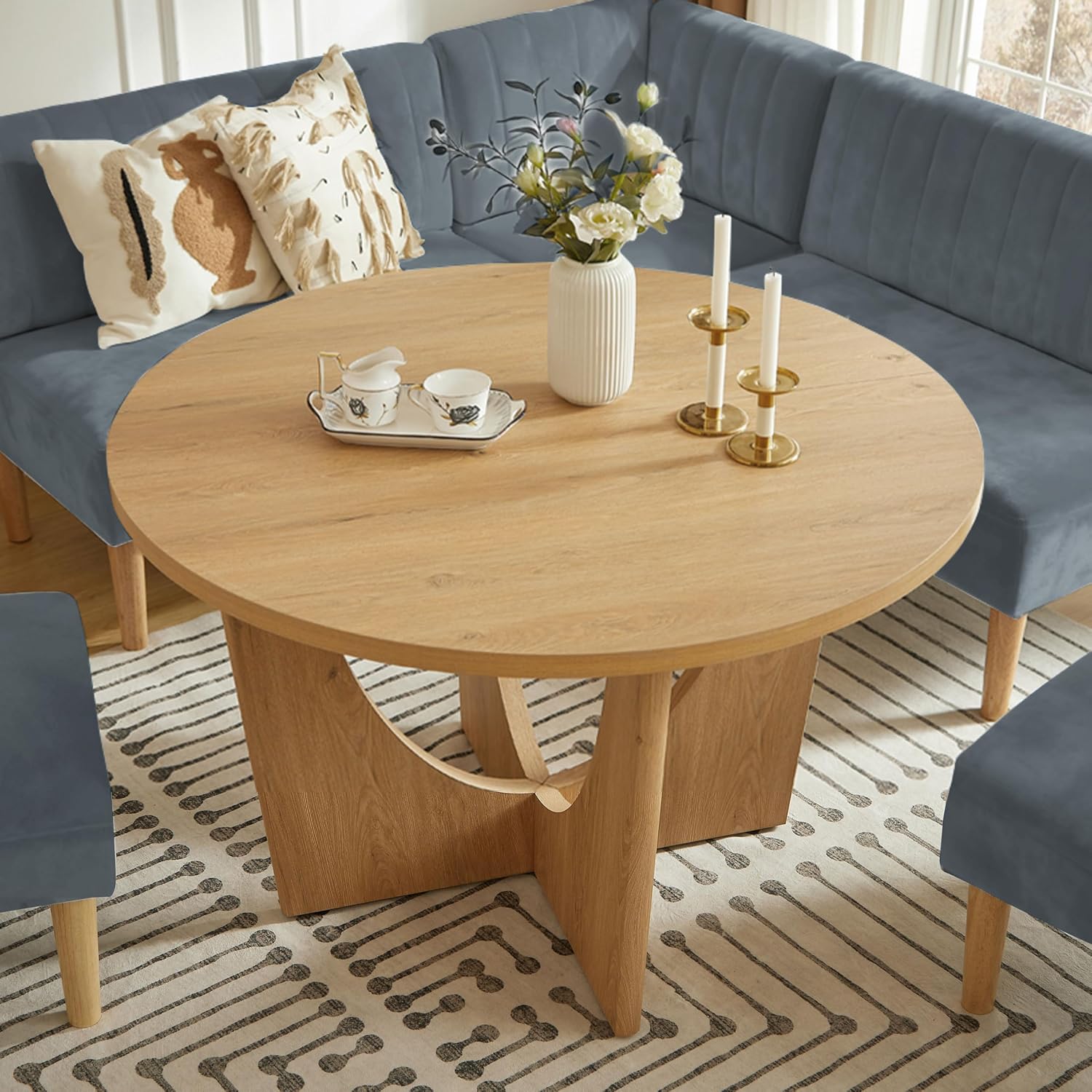 Round Dining Table Set with Loveseat & Chairs, 47 Inch Farmhouse 5-Piece Round Table Setting for 4 to 6, Wood Circle Table and Chairs Set for Kitchen,Breakfast Nook, Indoor Conversational Seating