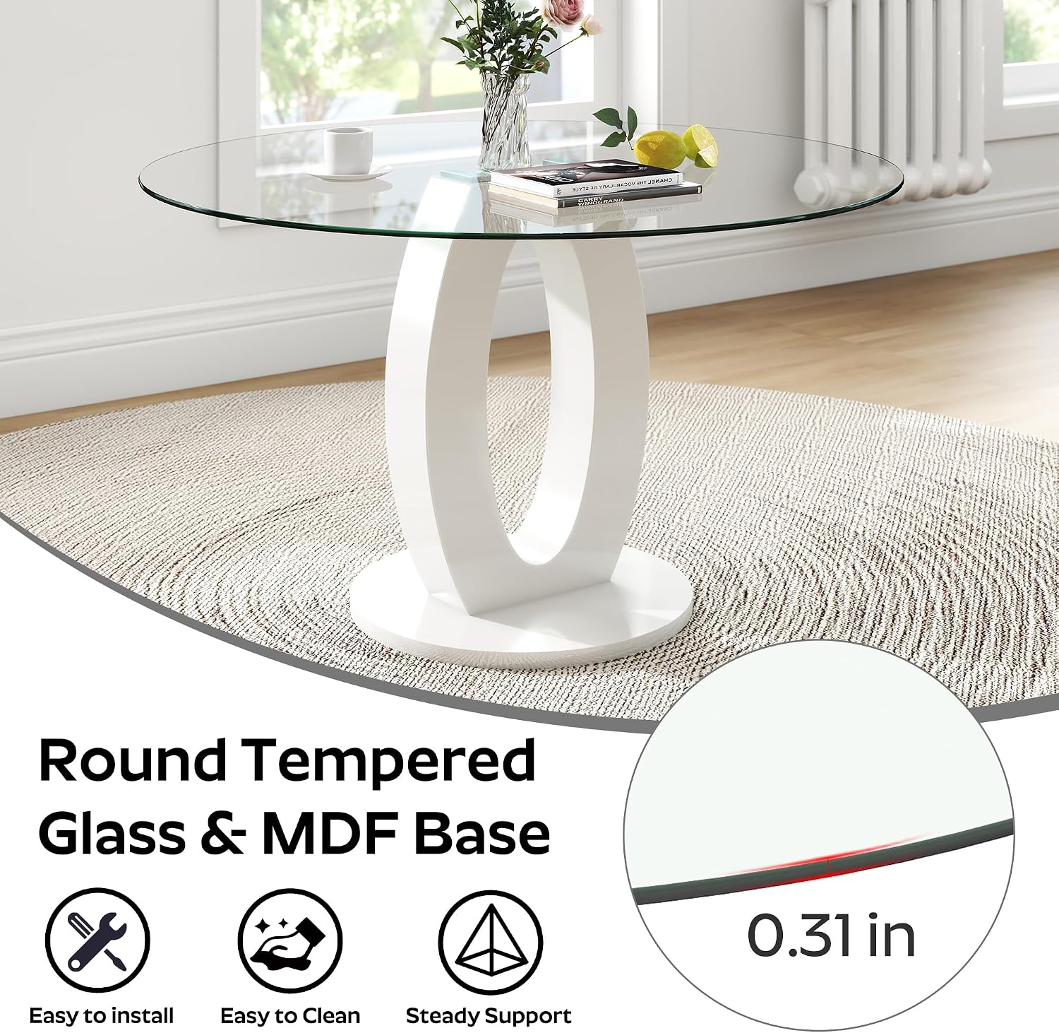 RGZ 39'' Modern Luxury Glass Round Dining Table for 4-6, Clear Circle Glass Top Kitchen Table with White MDF Base, Small Circular Minimalist Apartment Dinner Table for Home, Living Room, Tea