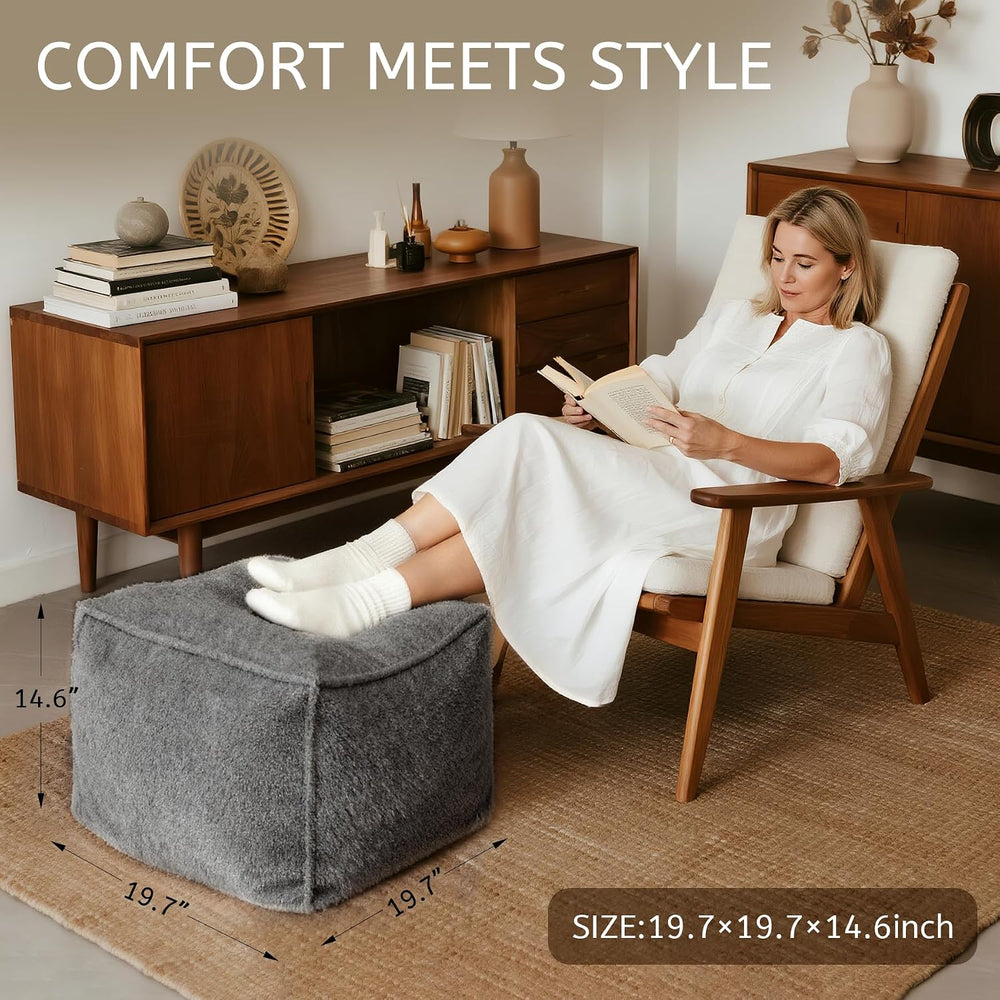 Square Boucle Pouf Ottoman Footrest, Soft & Lightweight Footstool with Fo...