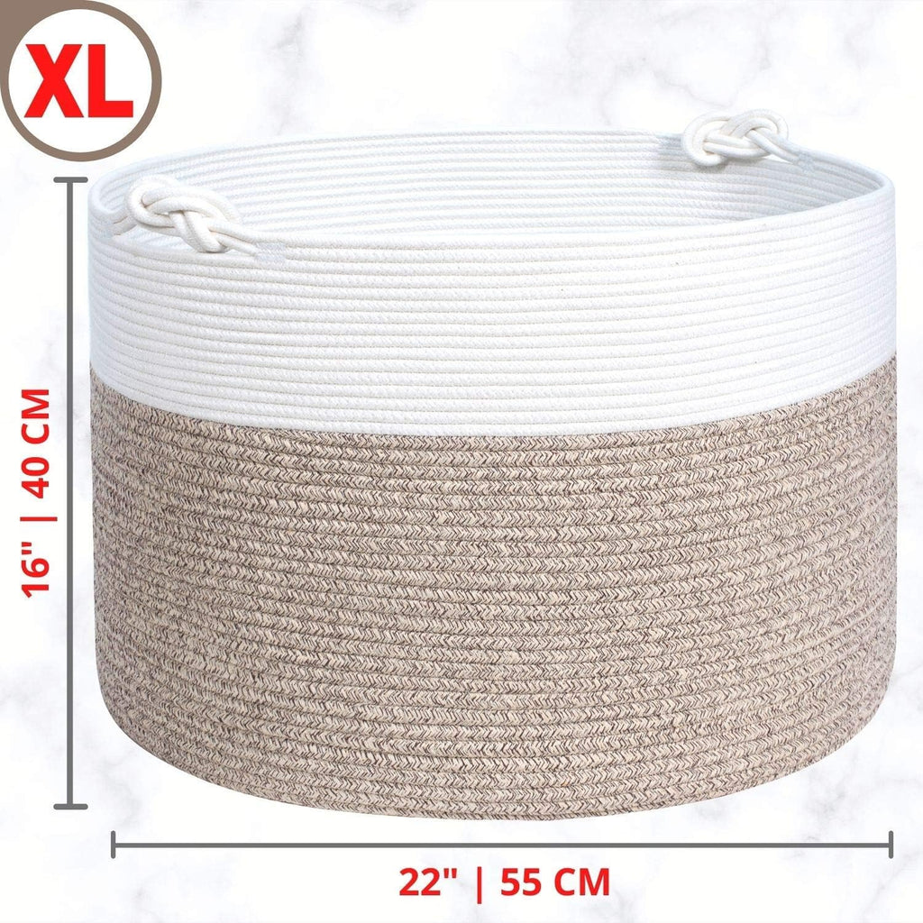 MINTWOOD Design Extra Large 22 x 16in Decorative Woven Cotton Rope Blanket Storage Basket Bin Living Room with Handles and Laundry Hamper for Pillows, Pool Towels, Dog Toys, Shoes, Light Brown