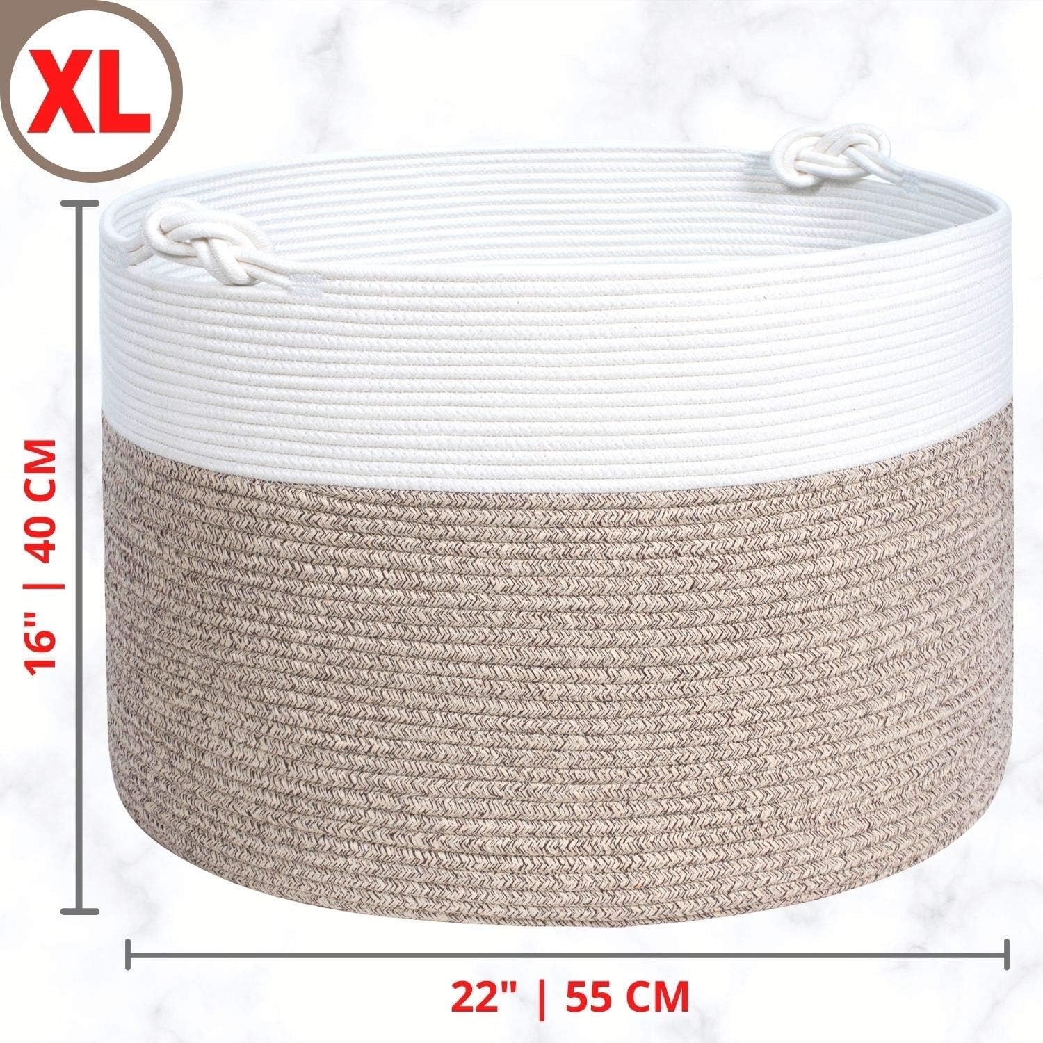 MINTWOOD Design Extra Large 22 x 16in Decorative Woven Cotton Rope Blanket Storage Basket Bin Living Room with Handles and Laundry Hamper for Pillows, Pool Towels, Dog Toys, Shoes, Light Brown
