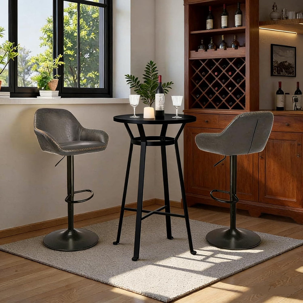 Glitzhome Bar Table and Chairs Set, Round Black Steel Pub Table with Soild El...