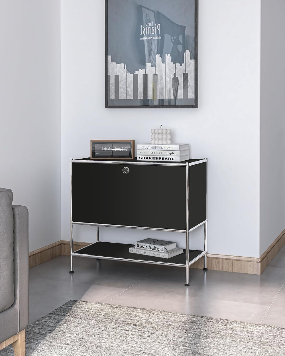 Metal Nightstand, Mid-Century Modern Bookshelf, Flap Door 27.5 | Sleek Modern...
