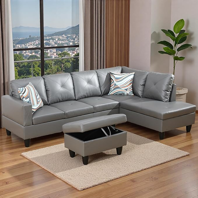 Sectional Couches for Living Room with Movable Chaise & Storage Ottoman - 97.5" Leather L Shaped Couches for Living Room Apartment, 4 Seat Home Furniture Modular Sectional Sofas, Grey