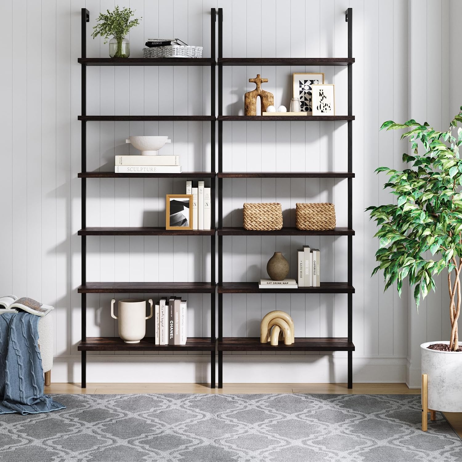 Nathan James Theo 6-Shelf Tall Bookcase, Wall Mount Bookshelf with Natural Wood Finish and Industrial Metal Frame, Nutmeg/Matte Black, Set of 2