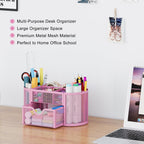 EasyPAG Mesh Pen Holder Desk Organizer with Drawer Stationery Supplies Organizer for Dorm School 9 Compartments Workspace Desk Accessories Organization for Office, Light Pink