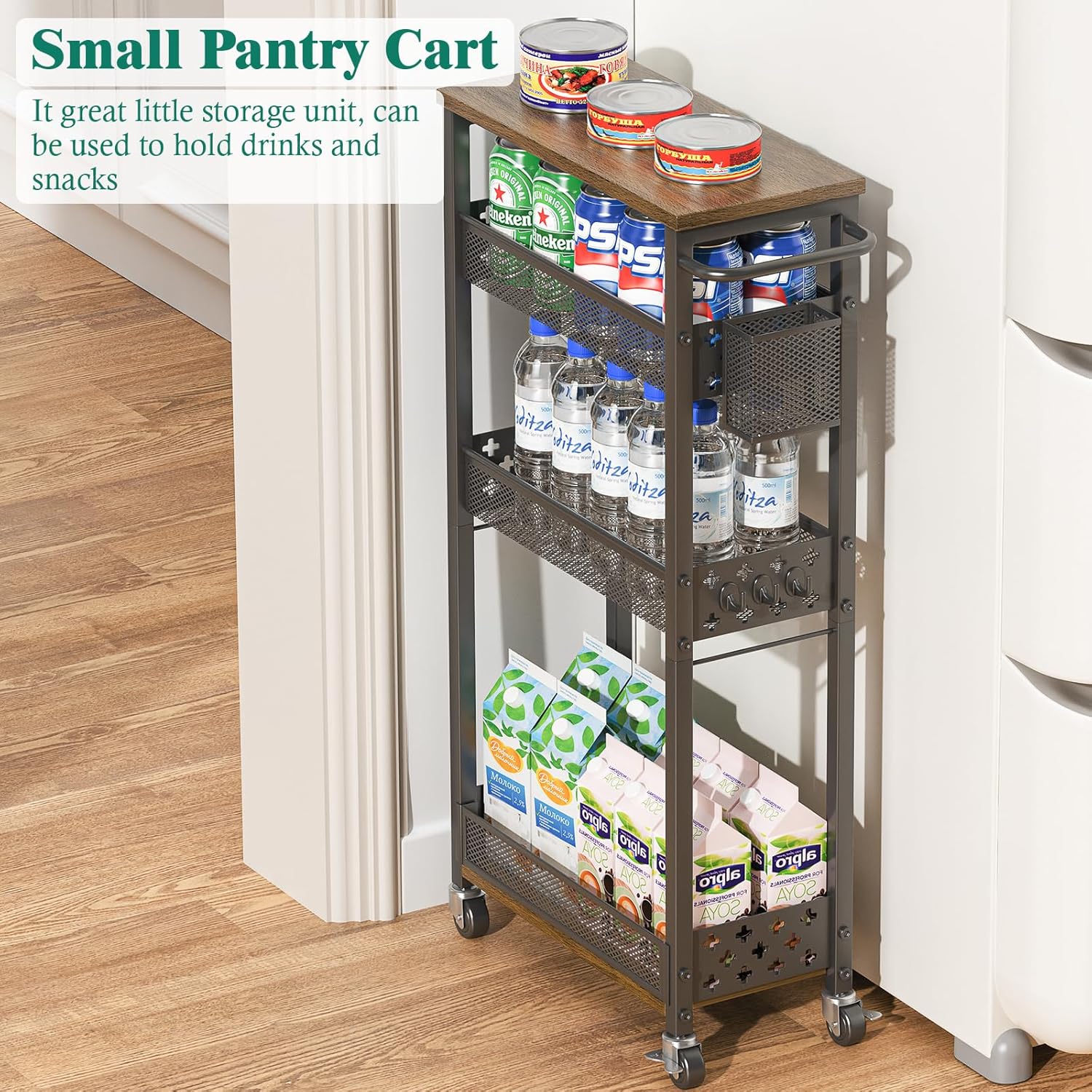 XYZLVSI Slim Storage Cart 4 Tier Laundry Cart with Wheels, Narrow Metal Kitchen Rolling Carts Bathroom Organizers Storage Shelf with Wood Rack and Handle for Small Space