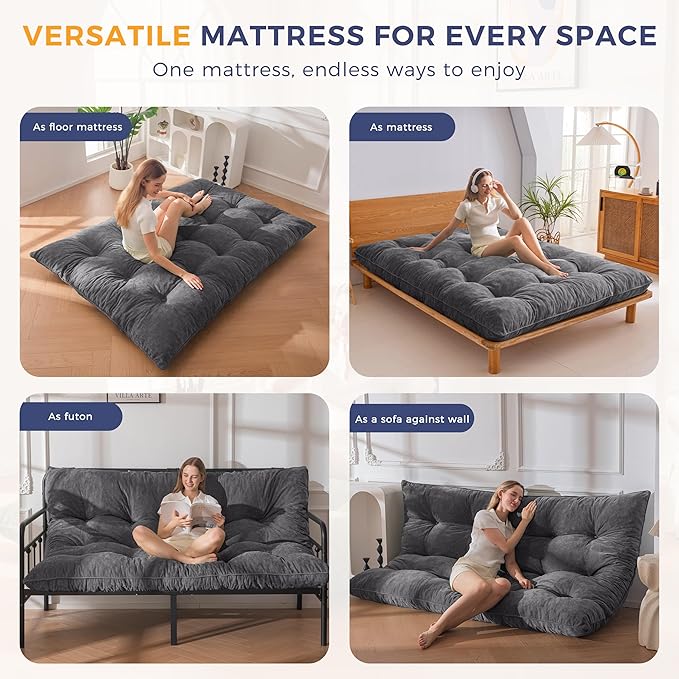 MAXYOYO Japanese Floor Mattress Full Size, 6" Foldable Futon Mattress Tufted Roll Up Floor Bed, Thick Chenille Tatami Mat Sleeping Pad for Camping Guest Room Dormitory Bedroom RV, Dark Grey