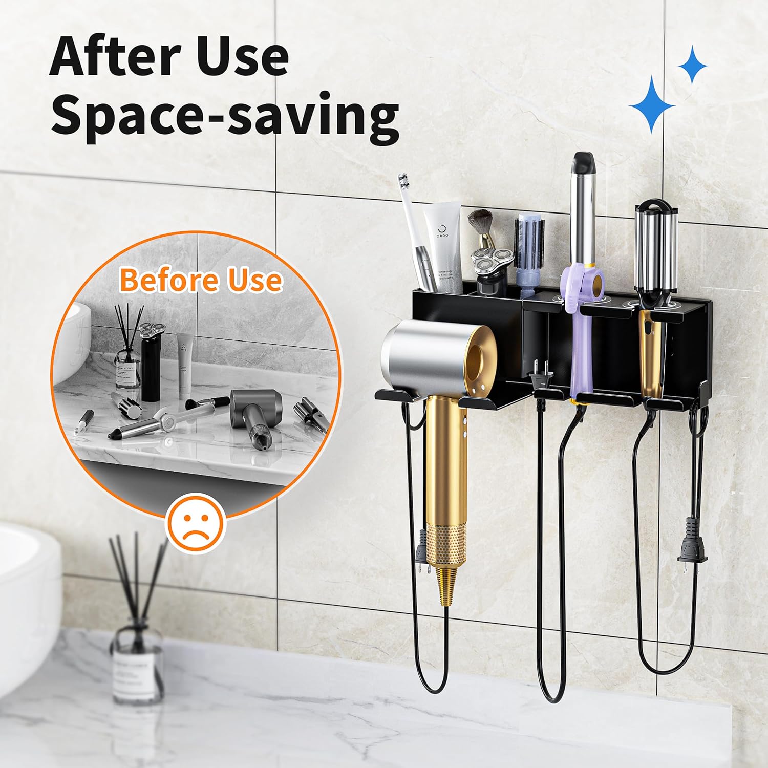 Hair Dryer Holder, Hair Tool Organizer, Blow Dryer Hanger Wall Mount for Dryer Hook, Bathroom Space-Saving Blow Dryer Organizer, Curling Irons Storage Wall Mounted
