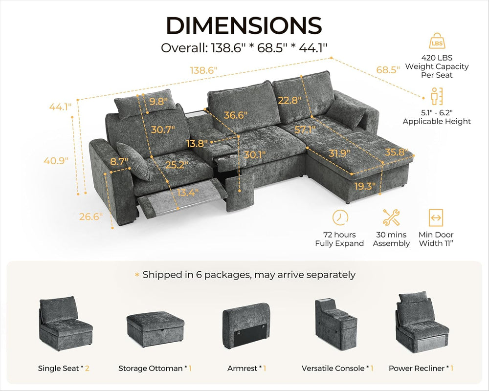 138.6'' Oversized Power Recliner Sofa with Headrest, Modular Cloud Se...