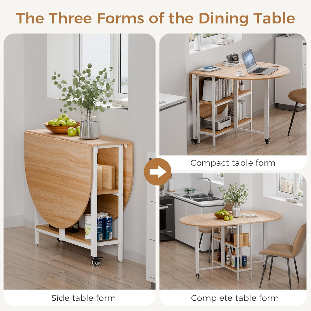 Mondeer Mobile Folding Dining Table, Drop Leaf Table with 2 Open Storage Shel...