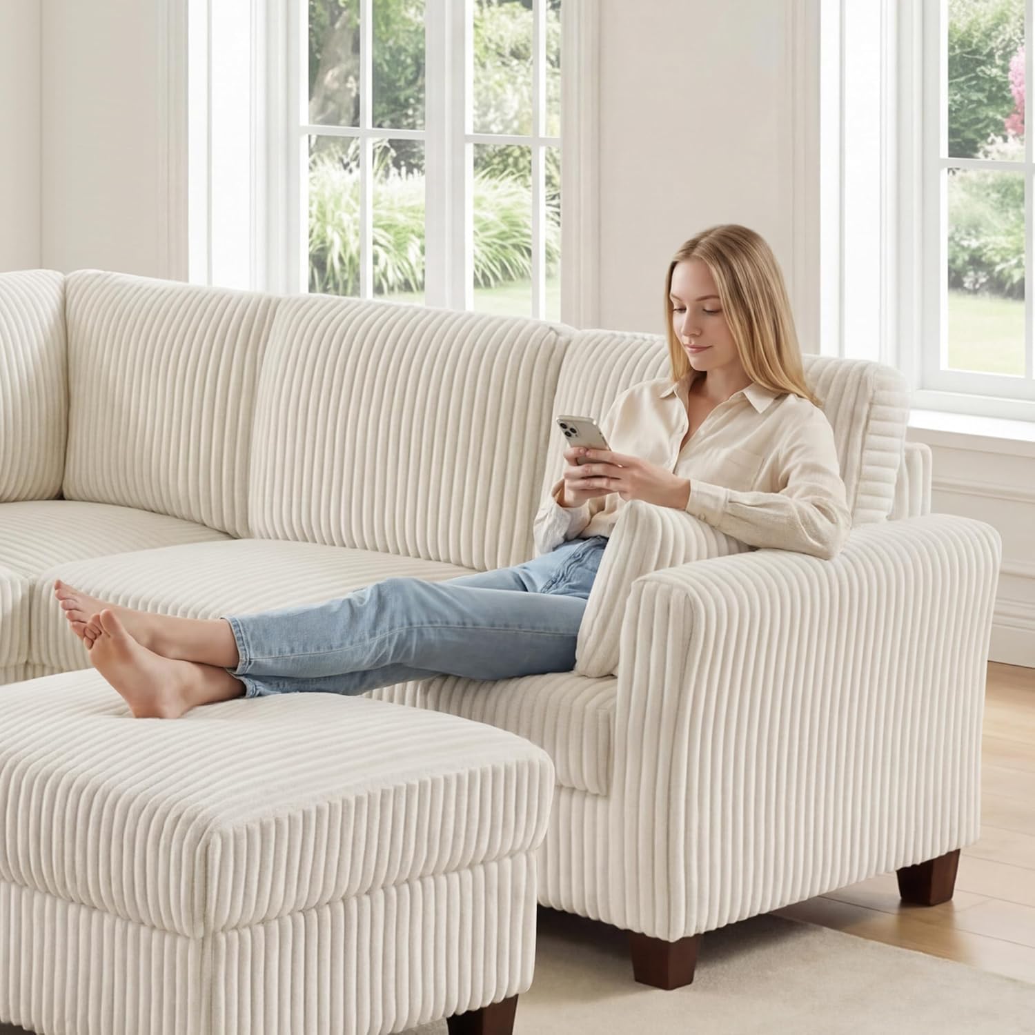 VANOMi Sectional Corner Couch, Corduroy L Shaped Sofa with Storage Ottoman,V Shaped Sectional Sofa, Corner 6-Seat Upholstered Couch with Chaise,Beige