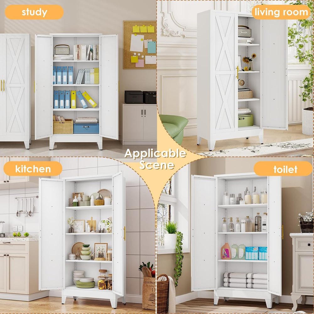 61" H Metal Kitchen Pantry Storage Cabinet, Freestanding Cupboard with 2...