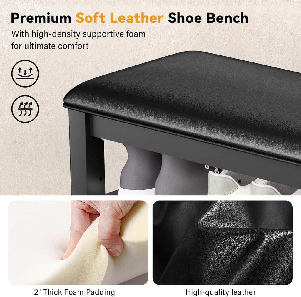 Taitiy Shoe Bench with 3 Tier Adjustable Shelves Rubberwood Entryway 47.2'' | Hallway organizer, solid wood design, removable shelves, space saving storage, perfect for front doors, family spaces